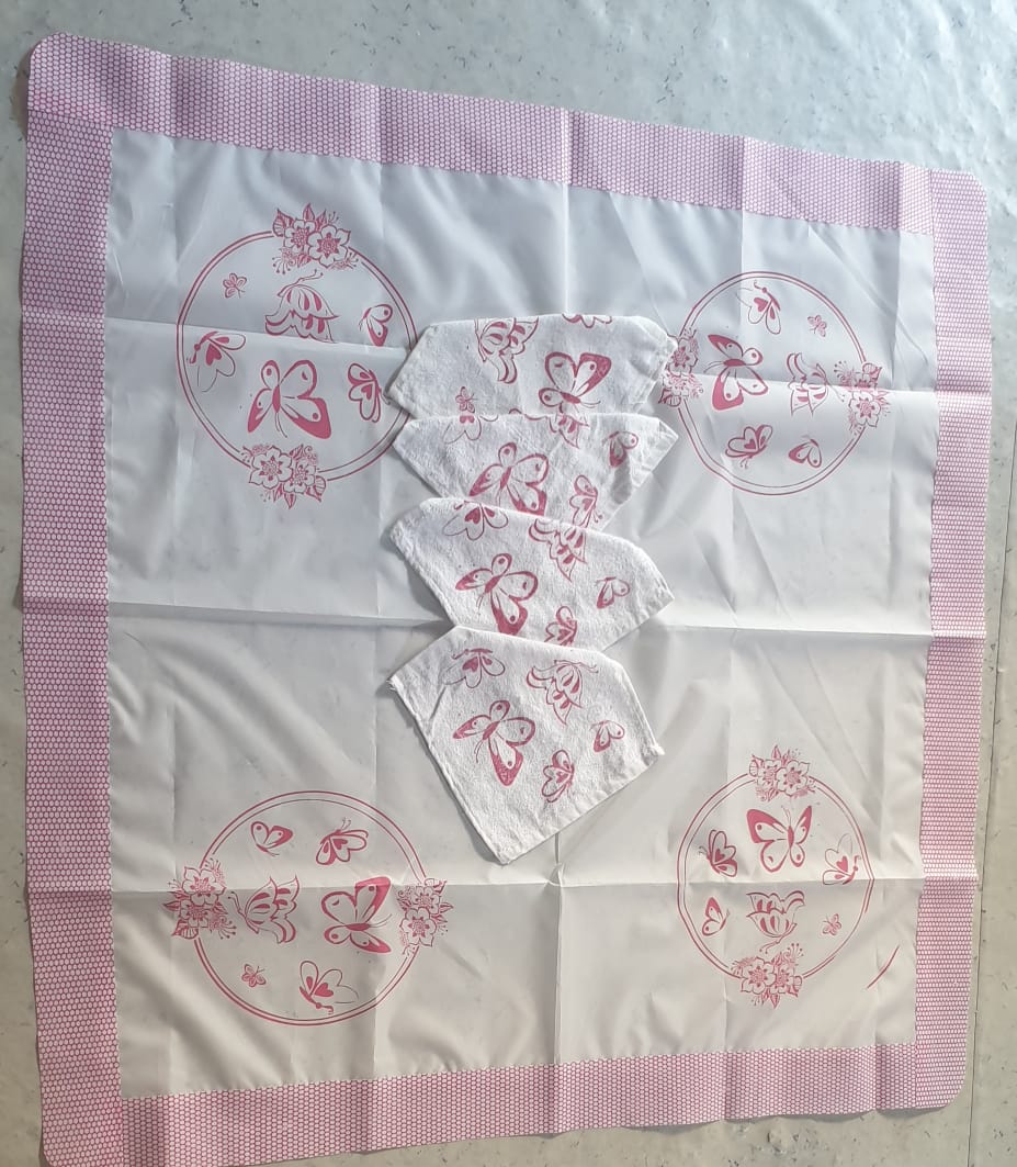 Pink Parachute Net Border Safra with 4 Cotton Napkin